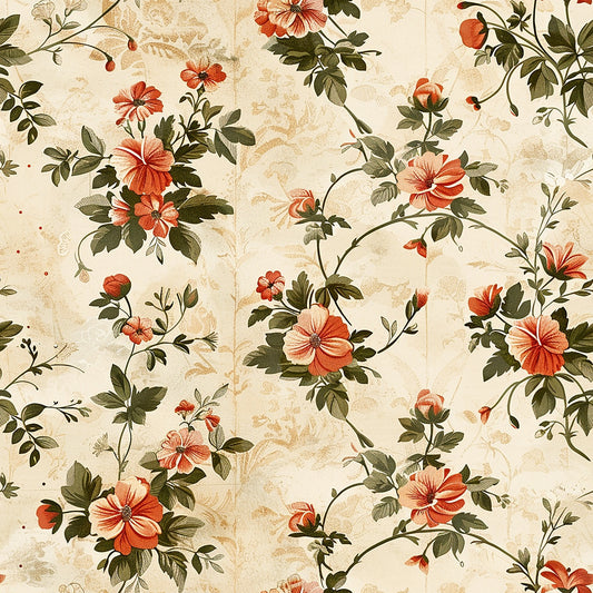 cream background, coral flowers, orange blooms, green leaves, vintage floral, botanical pattern, hibiscus flowers, trailing vines, cottagecore aesthetic, quilting cotton, fabric panel, romantic florals, peachy tones, olive green foliage, delicate branches, soft pastels, aged texture, flowing design, garden motifs, cotton fabric