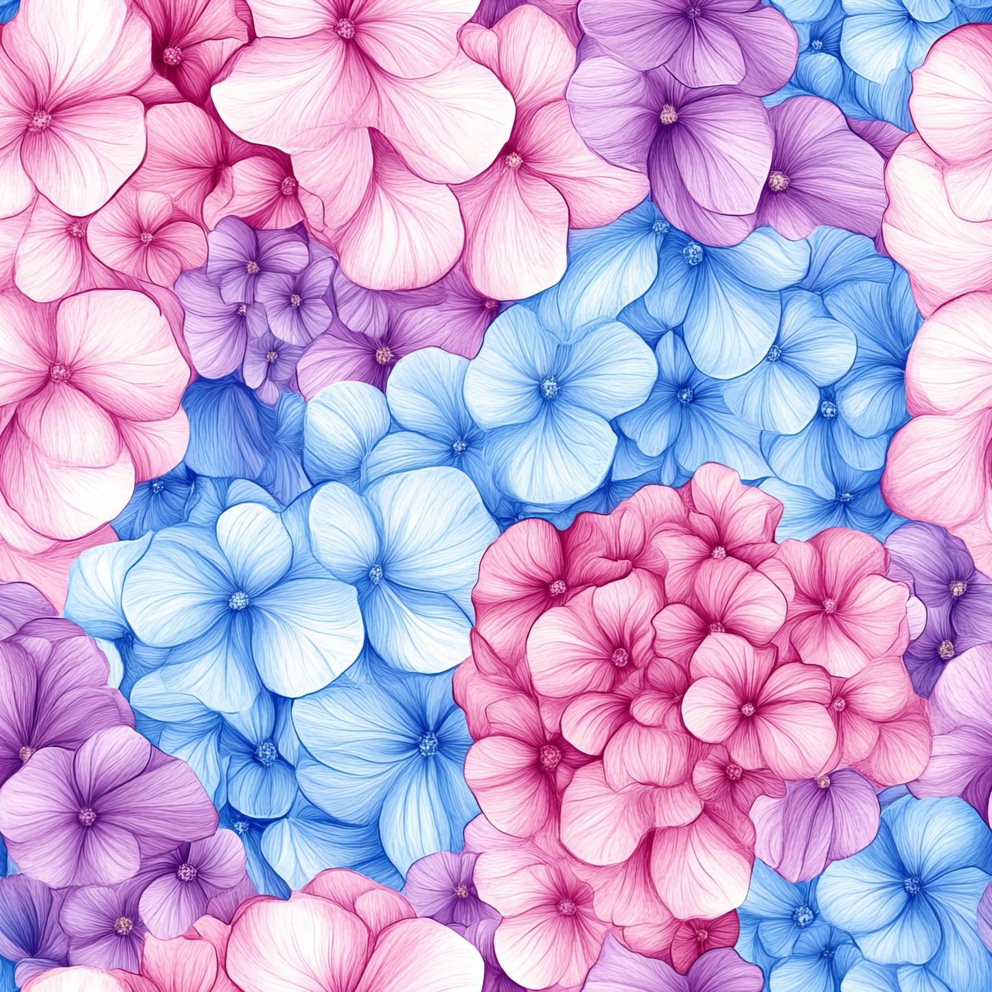 pink, blue, purple, lavender, magenta, hydrangeas, floral pattern, botanical design, watercolor style, five-petaled flowers, clustered blooms, quilting cotton, fabric panel, spring flowers, garden theme, pastel tones, delicate artwork, seamless pattern, nature motifs, crafting material