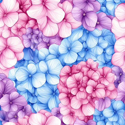 pink, blue, purple, lavender, magenta, hydrangeas, floral pattern, botanical design, watercolor style, five-petaled flowers, clustered blooms, quilting cotton, fabric panel, spring flowers, garden theme, pastel tones, delicate artwork, seamless pattern, nature motifs, crafting material