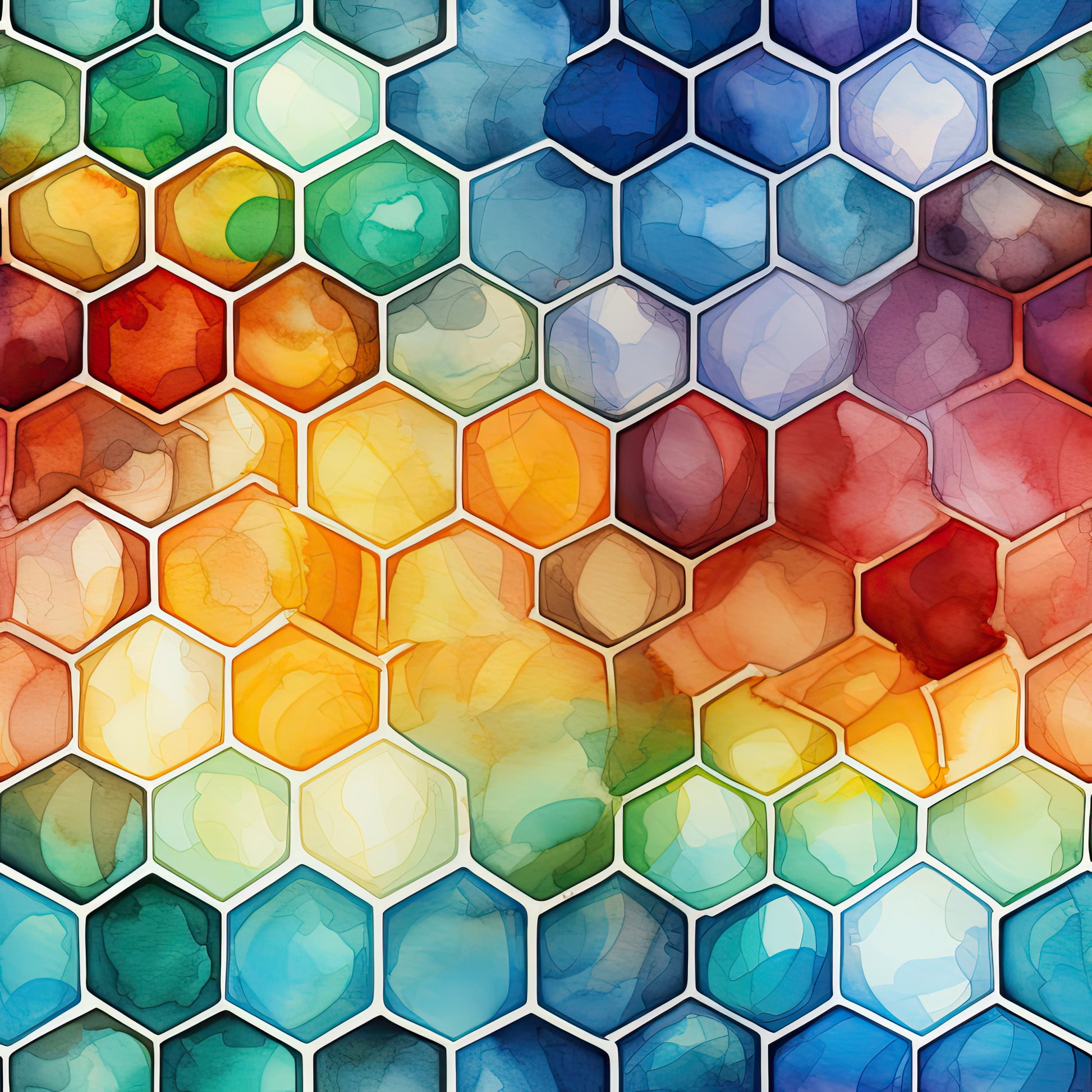 watercolor, honeycomb, hexagon pattern, geometric, blue, teal, turquoise, orange, yellow, green, red, purple, gradient colors, abstract design, painterly style, quilting cotton, fabric panel, modern art, flowing colors, artistic texture