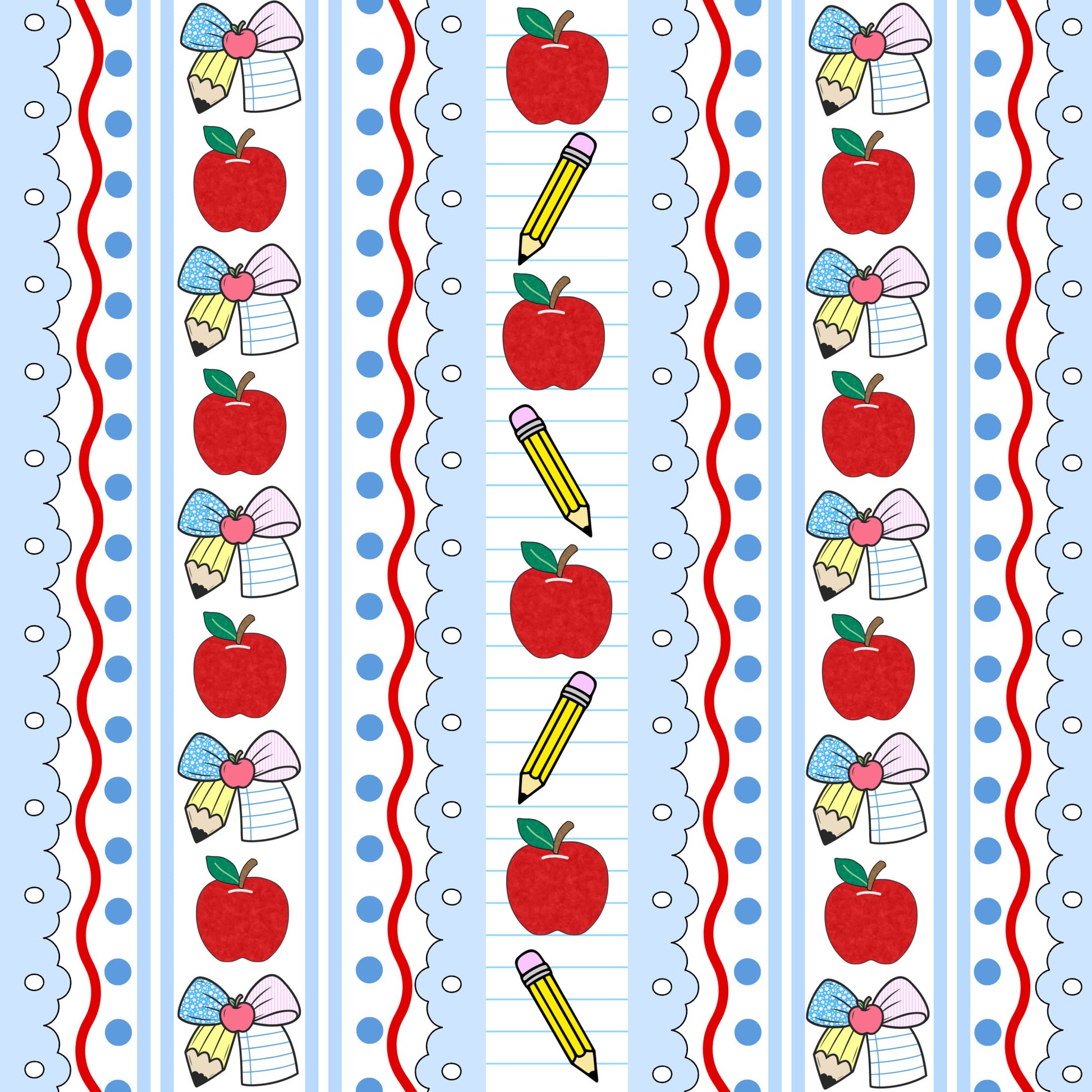 red apples, yellow pencils, ribbon bows, blue stripes, polka dots, school supplies, back to school, preppy style, quilting cotton, fabric panel, scalloped edges, white background, educational theme, cute illustrations, vertical stripes, children's fabric, sewing material, crafting fabric