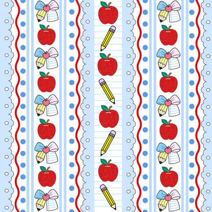 red apples, yellow pencils, ribbon bows, blue stripes, polka dots, school supplies, back to school, preppy style, quilting cotton, fabric panel, scalloped edges, white background, educational theme, cute illustrations, vertical stripes, children's fabric, sewing material, crafting fabric