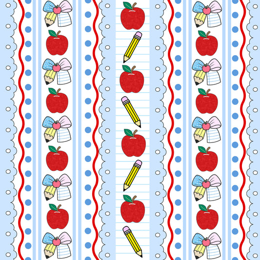 red apples, yellow pencils, ribbon bows, blue stripes, polka dots, school supplies, back to school, preppy style, quilting cotton, fabric panel, scalloped edges, white background, educational theme, cute illustrations, vertical stripes, children's fabric, sewing material, crafting fabric