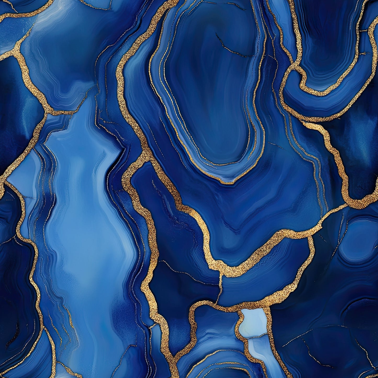 royal blue, gold, agate pattern, geode design, marbled texture, flowing lines, organic shapes, mineral formations, luxurious, quilting cotton, fabric panel, abstract design, swirling patterns, crystalline structures, deep blue, golden accents, natural stone, geological inspired, elegant, sophisticated
