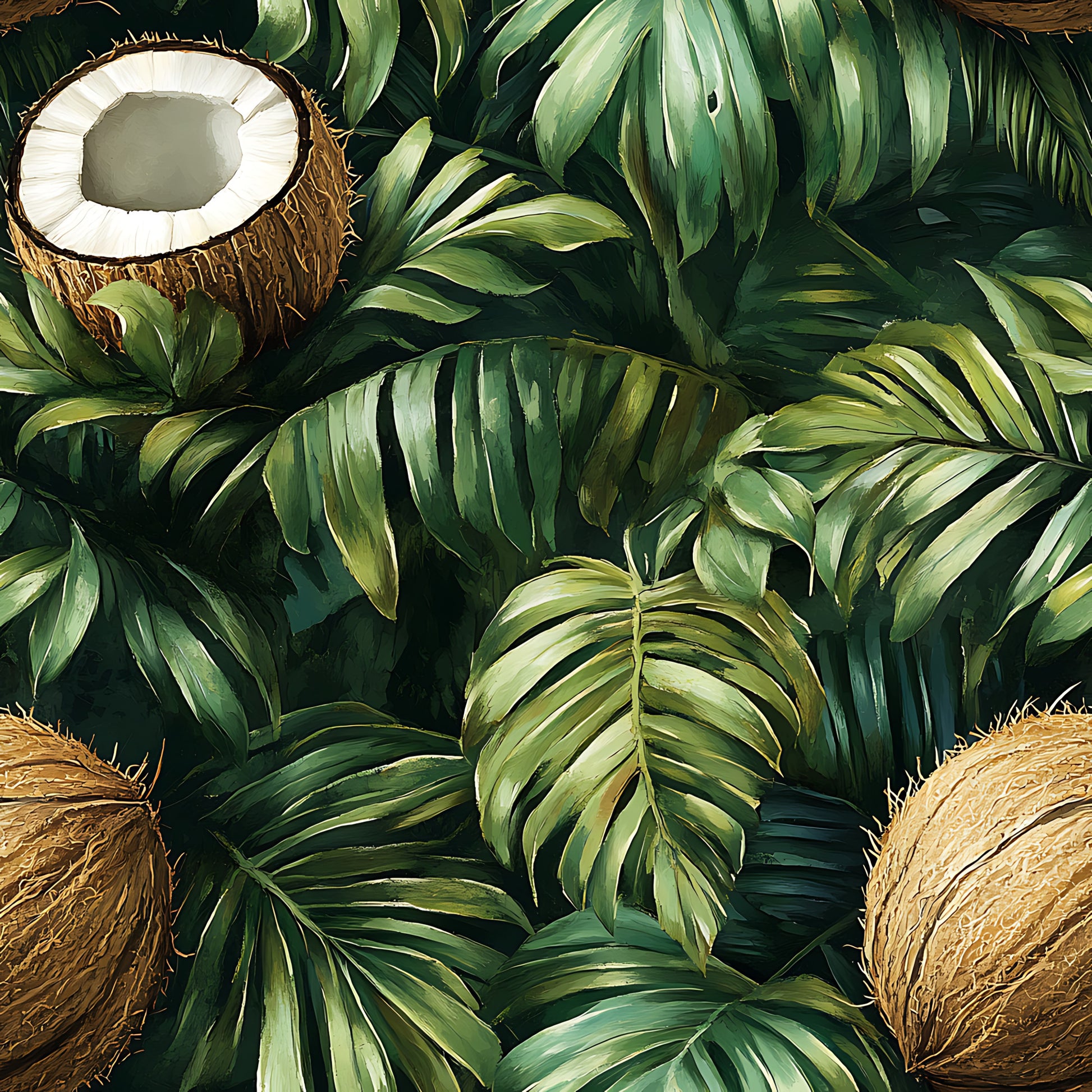 forest green, emerald green, brown, beige, white, tropical leaves, coconut pattern, palm fronds, monstera leaves, jungle foliage, botanical design, tropical paradise, lush vegetation, nature motif, quilting cotton, fabric panel, exotic plants, rainforest theme, vibrant greens, coconut shells