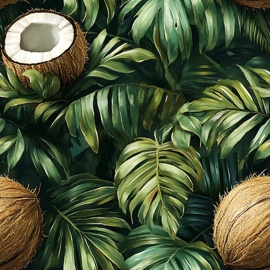 forest green, emerald green, brown, beige, white, tropical leaves, coconut pattern, palm fronds, monstera leaves, jungle foliage, botanical design, tropical paradise, lush vegetation, nature motif, quilting cotton, fabric panel, exotic plants, rainforest theme, vibrant greens, coconut shells