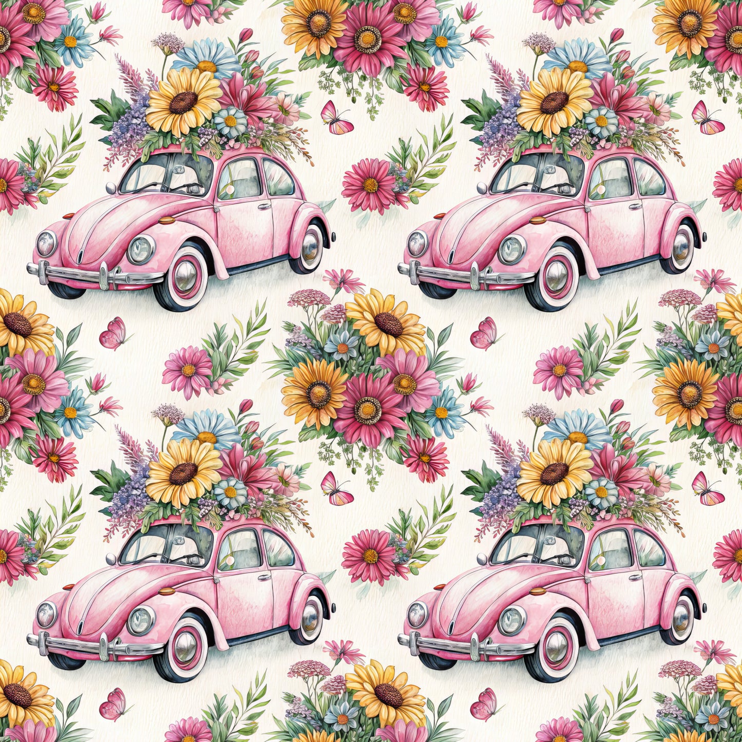 pink volkswagen beetle, vintage car, floral bouquet, wildflowers, daisy flowers, sunflowers, pink blooms, butterflies, quilting cotton, fabric panel, whimsical pattern, spring theme, pastel colors, yellow flowers, blue daisies, green foliage, repeating design, retro automobile, flower arrangement, botanical illustration