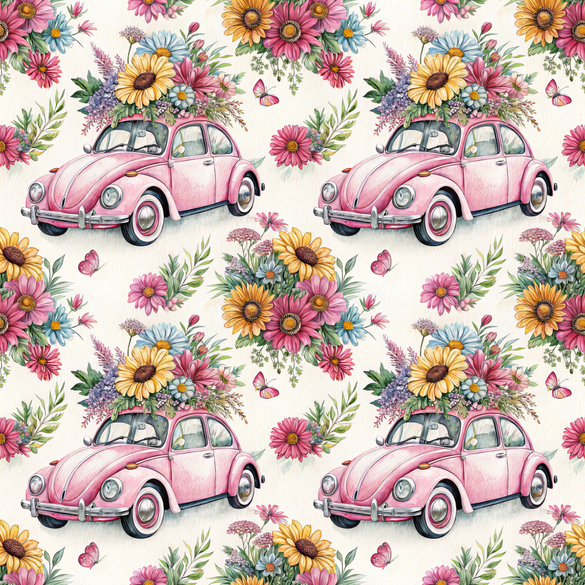 pink volkswagen beetle, vintage car, floral bouquet, wildflowers, daisy flowers, sunflowers, pink blooms, butterflies, quilting cotton, fabric panel, whimsical pattern, spring theme, pastel colors, yellow flowers, blue daisies, green foliage, repeating design, retro automobile, flower arrangement, botanical illustration