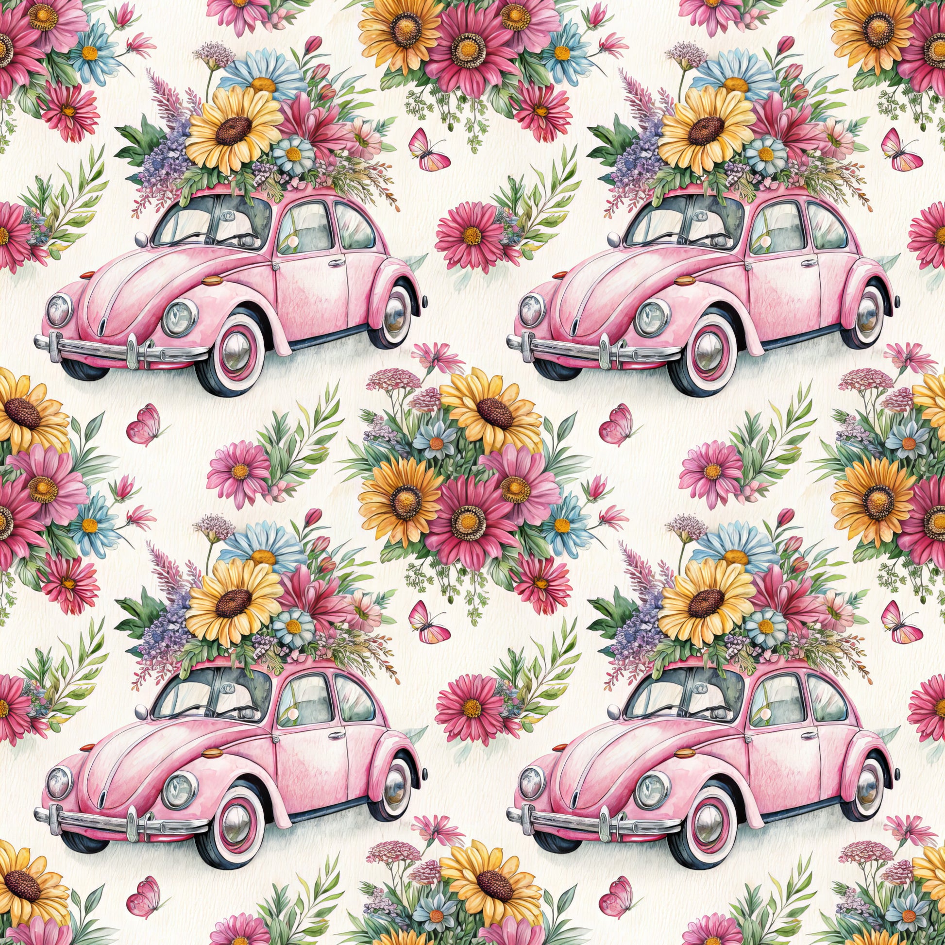 pink volkswagen beetle, vintage car, floral bouquet, wildflowers, daisy flowers, sunflowers, pink blooms, butterflies, quilting cotton, fabric panel, whimsical pattern, spring theme, pastel colors, yellow flowers, blue daisies, green foliage, repeating design, retro automobile, flower arrangement, botanical illustration