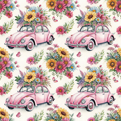 pink volkswagen beetle, vintage car, floral bouquet, wildflowers, daisy flowers, sunflowers, pink blooms, butterflies, quilting cotton, fabric panel, whimsical pattern, spring theme, pastel colors, yellow flowers, blue daisies, green foliage, repeating design, retro automobile, flower arrangement, botanical illustration