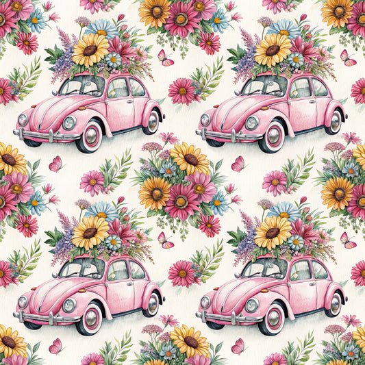 pink volkswagen beetle, vintage car, floral bouquet, wildflowers, daisy flowers, sunflowers, pink blooms, butterflies, quilting cotton, fabric panel, whimsical pattern, spring theme, pastel colors, yellow flowers, blue daisies, green foliage, repeating design, retro automobile, flower arrangement, botanical illustration