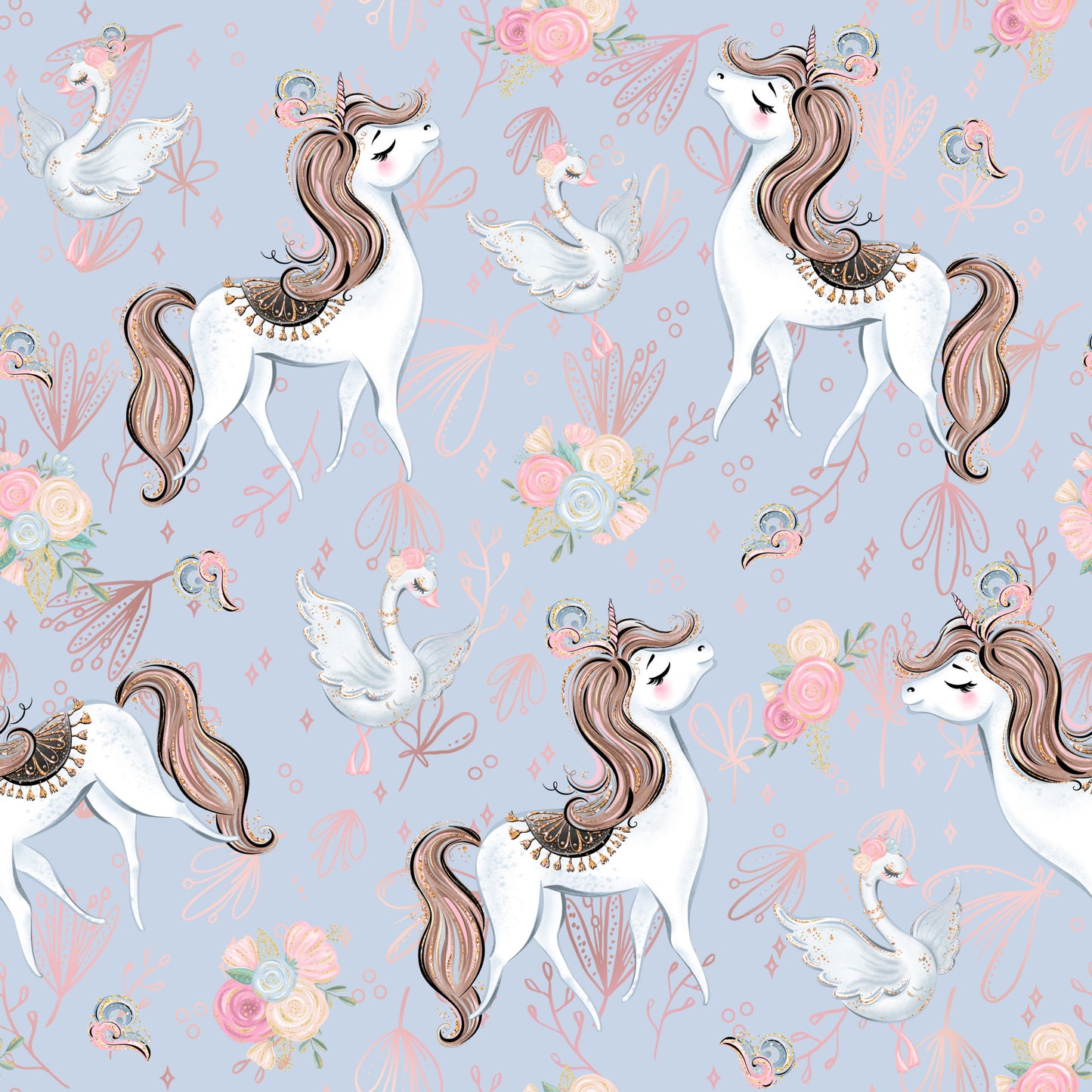 unicorns, swans, floral bouquets, lavender background, pink roses, brown manes, white unicorns, decorative saddles, whimsical pattern, pastel colors, magical creatures, ballet theme, soft purple, coral pink, quilting cotton, fabric panel, dreamy illustration, fantasy animals, flowing manes, delicate florals