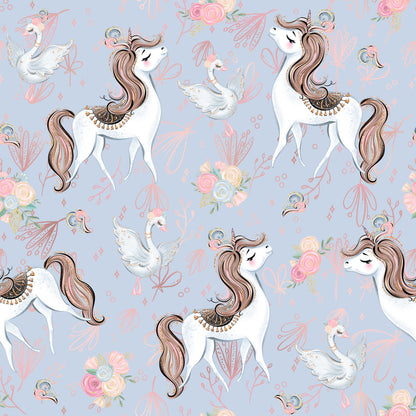 unicorns, swans, floral bouquets, lavender background, pink roses, brown manes, white unicorns, decorative saddles, whimsical pattern, pastel colors, magical creatures, ballet theme, soft purple, coral pink, quilting cotton, fabric panel, dreamy illustration, fantasy animals, flowing manes, delicate florals