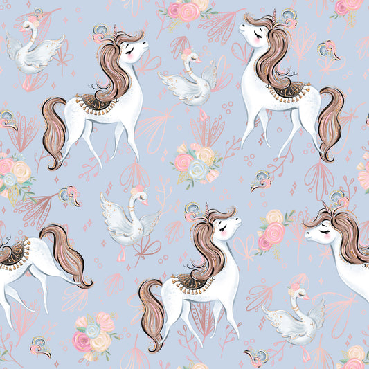 unicorns, swans, floral bouquets, lavender background, pink roses, brown manes, white unicorns, decorative saddles, whimsical pattern, pastel colors, magical creatures, ballet theme, soft purple, coral pink, quilting cotton, fabric panel, dreamy illustration, fantasy animals, flowing manes, delicate florals