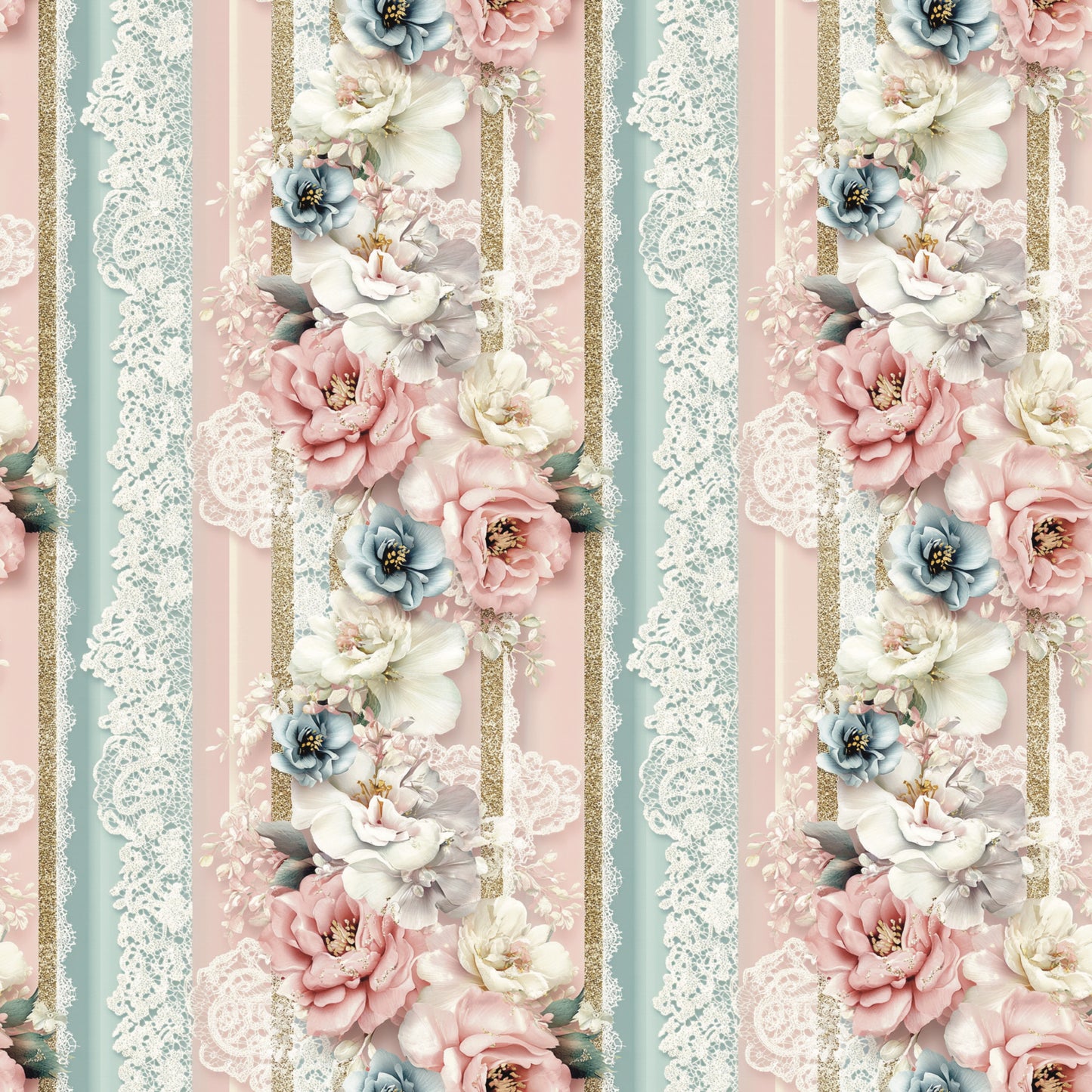 blush pink, dusty blue, cream white, gold glitter, floral stripes, vintage roses, lace trim, peonies, botanical design, shabby chic, romantic style, quilting cotton, fabric panel, pastel colors, striped pattern, decorative flowers, soft feminine, vintage inspired, cotton fabric