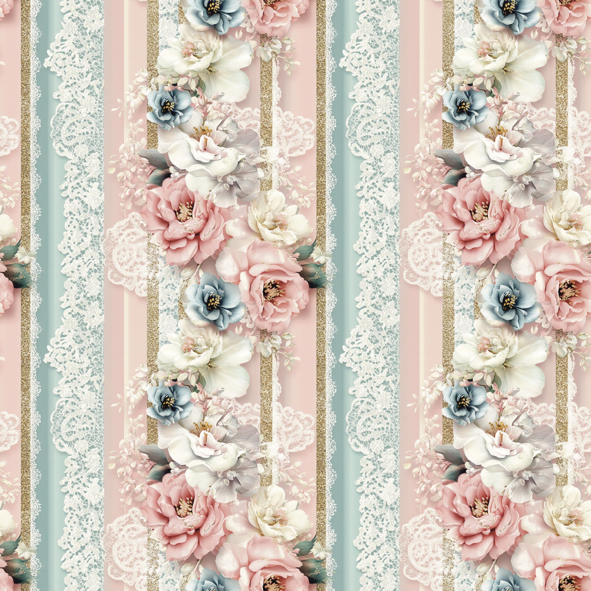 blush pink, dusty blue, cream white, gold glitter, floral stripes, vintage roses, lace trim, peonies, botanical design, shabby chic, romantic style, quilting cotton, fabric panel, pastel colors, striped pattern, decorative flowers, soft feminine, vintage inspired, cotton fabric
