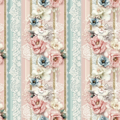 blush pink, dusty blue, cream white, gold glitter, floral stripes, vintage roses, lace trim, peonies, botanical design, shabby chic, romantic style, quilting cotton, fabric panel, pastel colors, striped pattern, decorative flowers, soft feminine, vintage inspired, cotton fabric