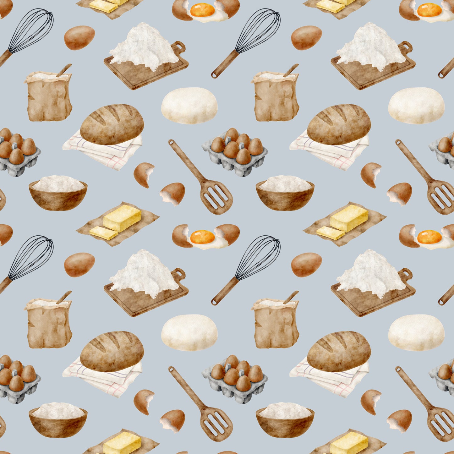 watercolor, baking pattern, quilting cotton, fabric panel, food illustration, kitchen utensils, eggs, flour, bread, butter, whisk, rolling pin, mixing bowl, cooking ingredients, culinary theme, beige, brown, cream, white, yellow, gray background, repeating pattern, cooking motifs, baking supplies