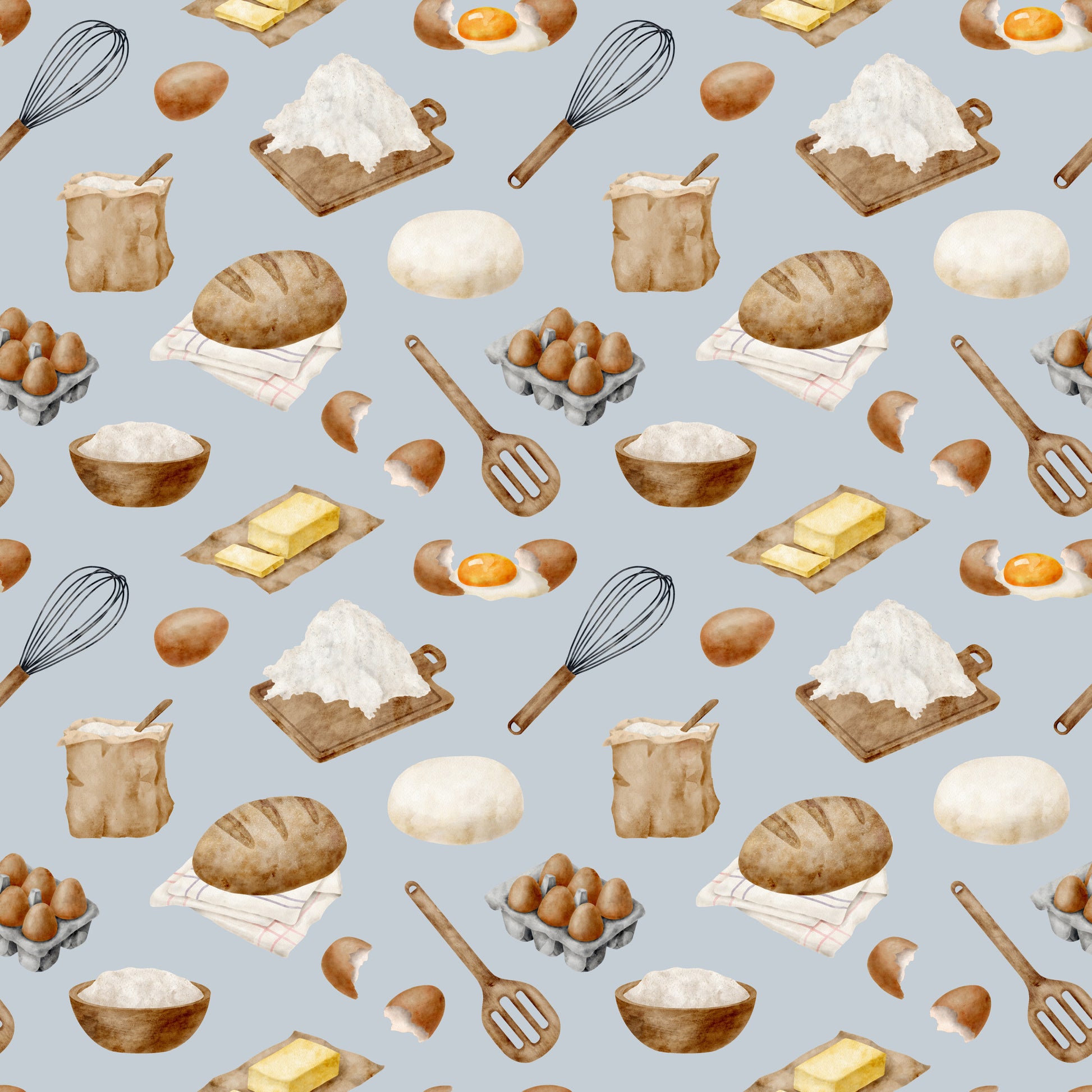 watercolor, baking pattern, quilting cotton, fabric panel, food illustration, kitchen utensils, eggs, flour, bread, butter, whisk, rolling pin, mixing bowl, cooking ingredients, culinary theme, beige, brown, cream, white, yellow, gray background, repeating pattern, cooking motifs, baking supplies