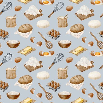 watercolor, baking pattern, quilting cotton, fabric panel, food illustration, kitchen utensils, eggs, flour, bread, butter, whisk, rolling pin, mixing bowl, cooking ingredients, culinary theme, beige, brown, cream, white, yellow, gray background, repeating pattern, cooking motifs, baking supplies