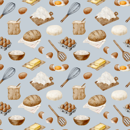 watercolor, baking pattern, quilting cotton, fabric panel, food illustration, kitchen utensils, eggs, flour, bread, butter, whisk, rolling pin, mixing bowl, cooking ingredients, culinary theme, beige, brown, cream, white, yellow, gray background, repeating pattern, cooking motifs, baking supplies