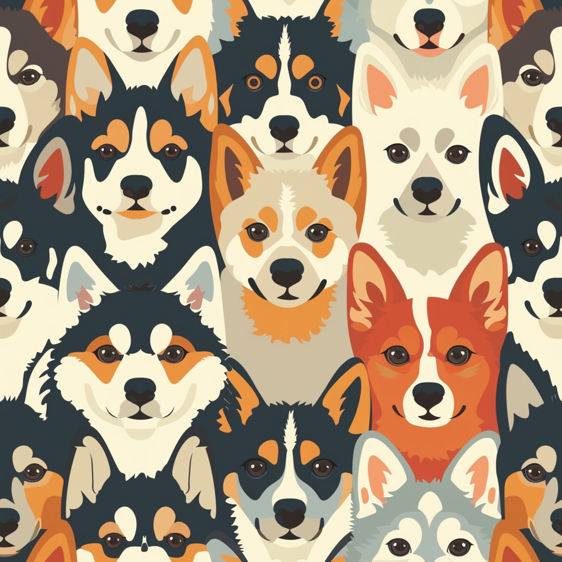 dog faces, canine pattern, geometric style, orange, cream, navy blue, rust red, gray, quilting cotton, fabric panel, repeating pattern, pet themed, modern illustration, cartoon dogs, animal faces, craft fabric, sewing material, stylized artwork, contemporary design, dog breeds