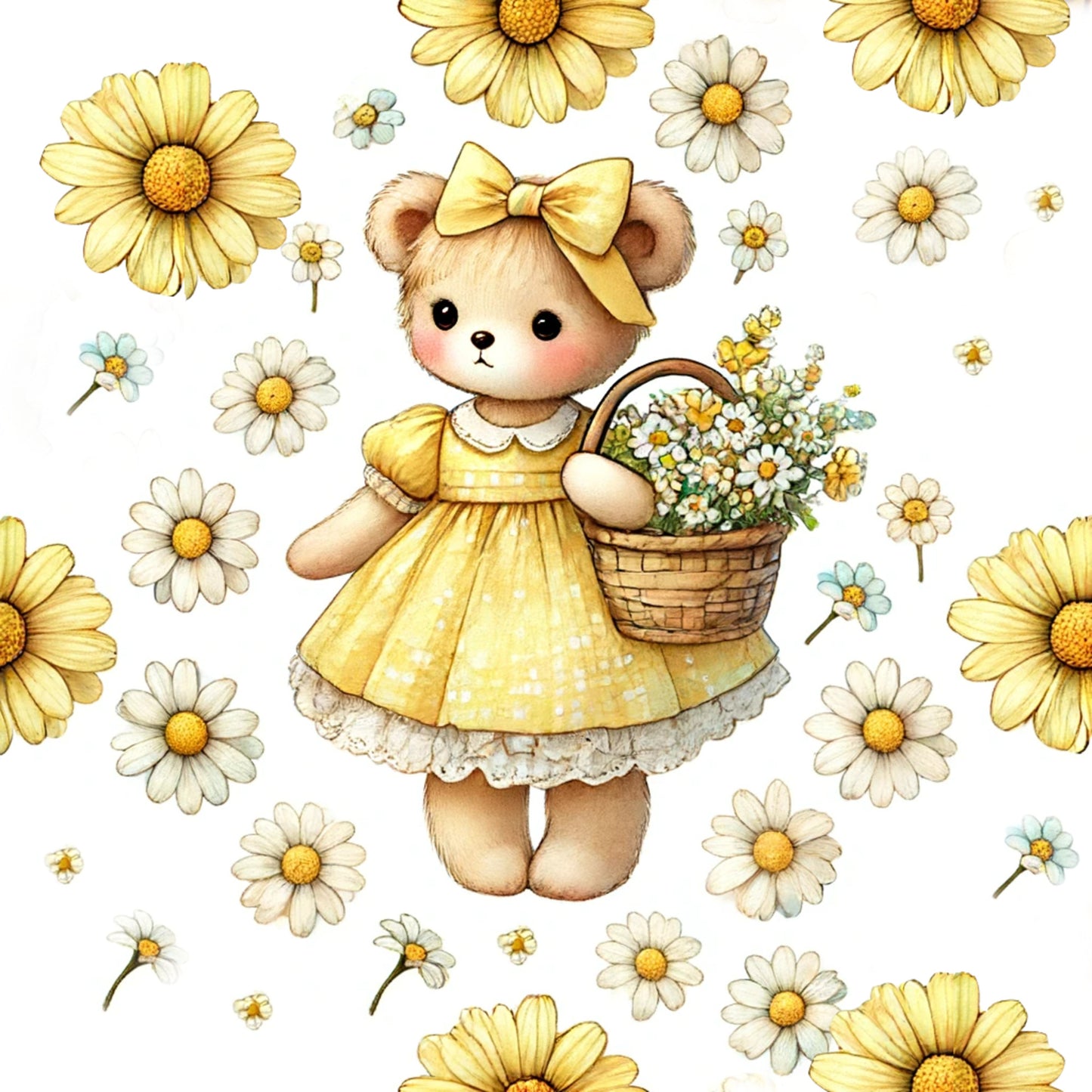 yellow, cream, white, golden, daisy flowers, teddy bear, bow tie, wicker basket, floral pattern, scattered daisies, quilting cotton, fabric panel, cute character, spring theme, cheerful design, polka dot dress, vintage style, children's fabric, nursery decor, soft pastels