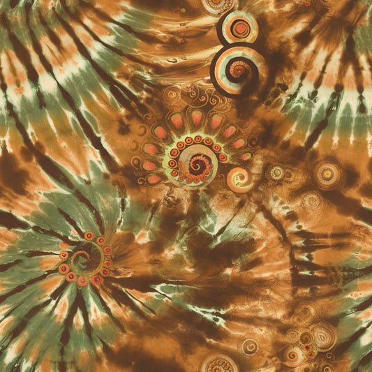 retro tie dye, swirling patterns, orange, green, brown, earth tones, circular motifs, spiral designs, psychedelic, groovy, 1960s style, abstract patterns, radiating lines, mandala elements, bohemian, vintage vibes, quilting cotton, fabric panel, hippie aesthetic, kaleidoscope effect