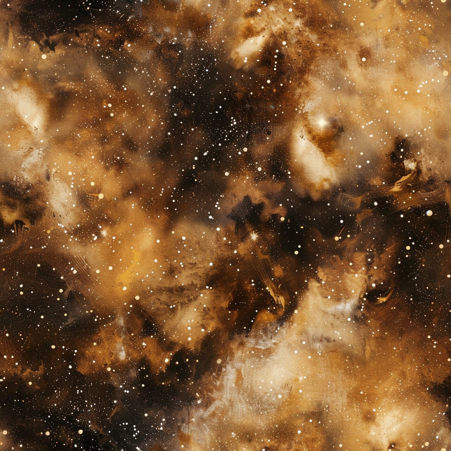 brown, amber, golden, burnt orange, black, space nebula, galaxy pattern, cosmic clouds, starfield, celestial design, painted effect, watercolor style, astronomical theme, quilting cotton, fabric panel, dreamy atmosphere, swirling clouds, deep space, stellar nursery, cosmic dust