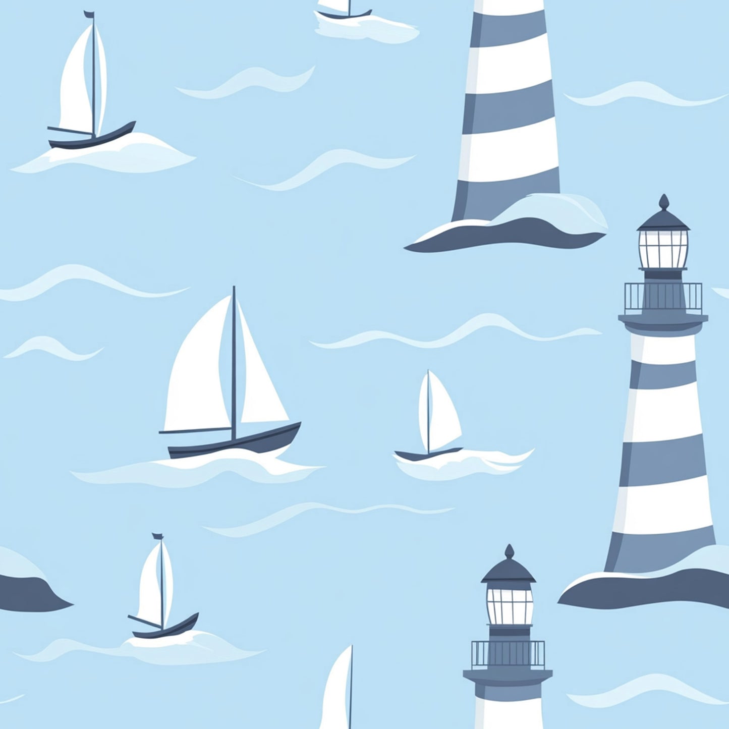 light blue, navy blue, white, lighthouse, sailboats, ocean waves, nautical pattern, maritime theme, striped lighthouse, sailing vessels, coastal scene, quilting cotton, fabric panel, repeating pattern, nautical motif, seascape design, boats on water, lighthouse beacon, marine elements, sailing theme
