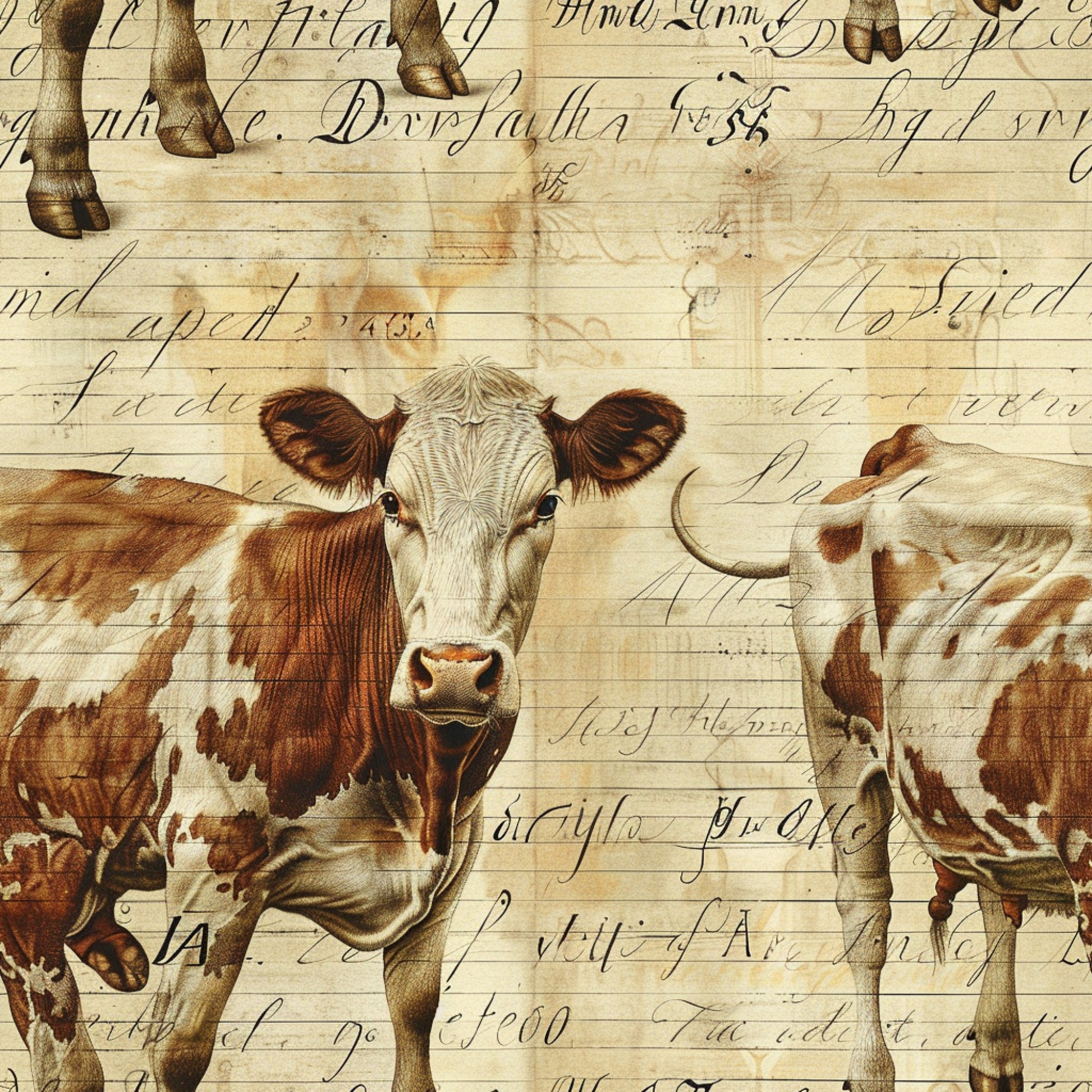 brown, cream, sepia tones, cows, cattle, farm animals, vintage script, handwriting, aged paper, rustic, pastoral, farmhouse style, quilting cotton, fabric panel, livestock, dairy cows, countryside, antique lettering, barnyard, agricultural