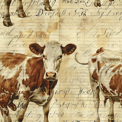 brown, cream, sepia tones, cows, cattle, farm animals, vintage script, handwriting, aged paper, rustic, pastoral, farmhouse style, quilting cotton, fabric panel, livestock, dairy cows, countryside, antique lettering, barnyard, agricultural