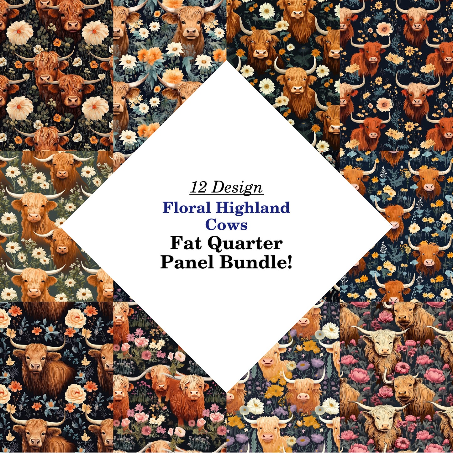 Floral Highland Cows Fat Quarter Bundle