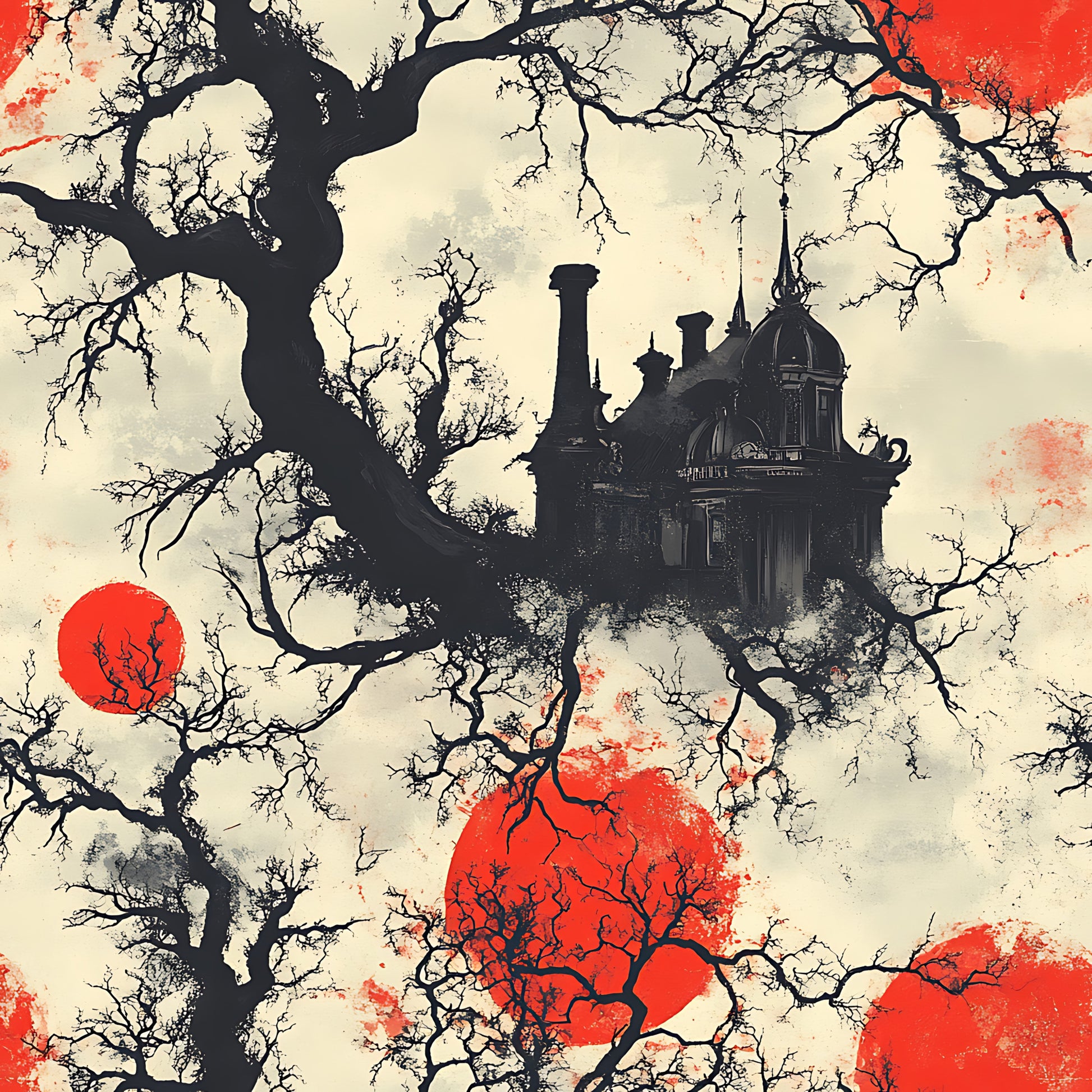 red, cream, black, bare branches, gothic mansion, victorian architecture, blood moon, spooky atmosphere, haunted house, leafless trees, chimneys, domed building, eerie silhouettes, horror theme, halloween design, quilting cotton, fabric panel, gothic revival, dark fantasy, autumn mood