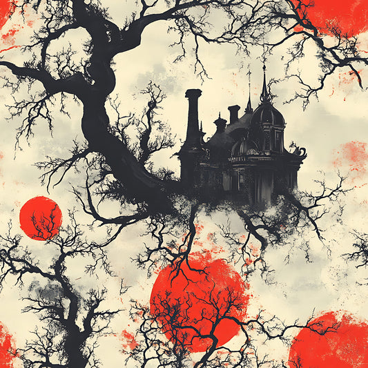 red, cream, black, bare branches, gothic mansion, victorian architecture, blood moon, spooky atmosphere, haunted house, leafless trees, chimneys, domed building, eerie silhouettes, horror theme, halloween design, quilting cotton, fabric panel, gothic revival, dark fantasy, autumn mood