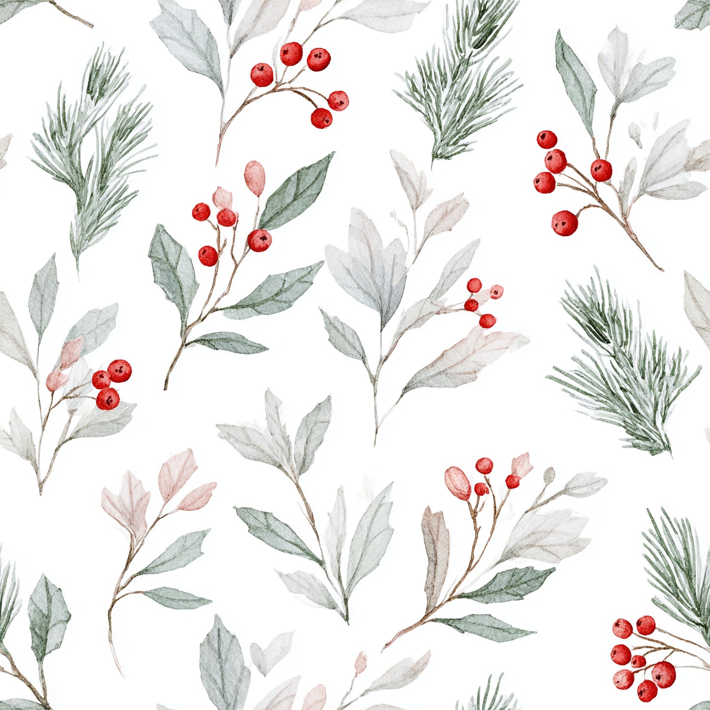 watercolor style, botanical pattern, red berries, green leaves, pine needles, winter foliage, mistletoe, holly, snow white background, quilting cotton, fabric panel, seasonal design, christmas botanicals, delicate branches, soft green, crimson red, pale pink, winter theme, repeating pattern, nature motifs