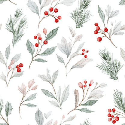 watercolor style, botanical pattern, red berries, green leaves, pine needles, winter foliage, mistletoe, holly, snow white background, quilting cotton, fabric panel, seasonal design, christmas botanicals, delicate branches, soft green, crimson red, pale pink, winter theme, repeating pattern, nature motifs