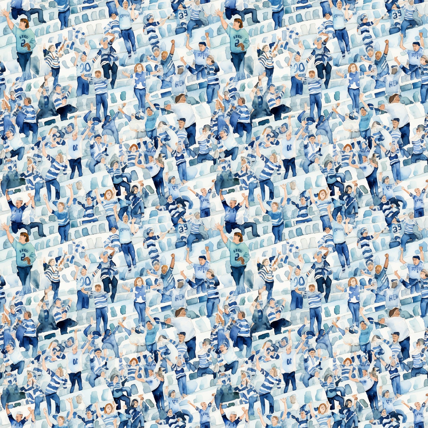 watercolor, football fans, crowd scene, stadium seating, blue tones, white accents, navy blue, light blue, sports theme, cheering people, quilting cotton, fabric panel, athletic pattern, team colors, spectators, celebration, energetic mood, repeating pattern, cotton fabric, sports memorabilia