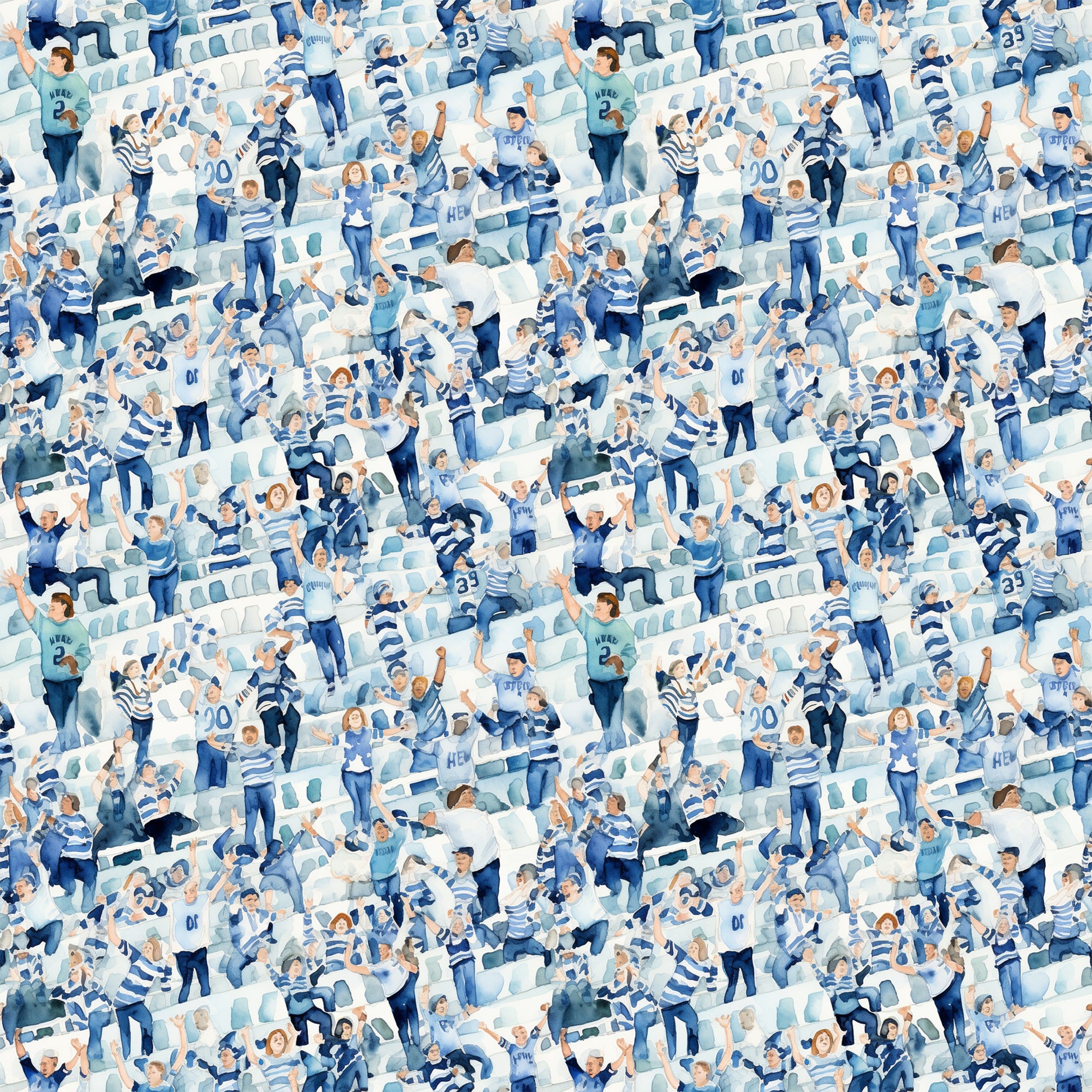 watercolor, football fans, crowd scene, stadium seating, blue tones, white accents, navy blue, light blue, sports theme, cheering people, quilting cotton, fabric panel, athletic pattern, team colors, spectators, celebration, energetic mood, repeating pattern, cotton fabric, sports memorabilia