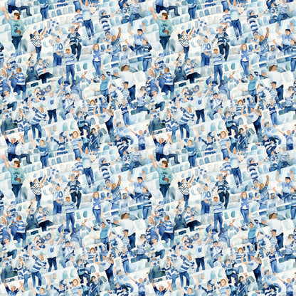 watercolor, football fans, crowd scene, stadium seating, blue tones, white accents, navy blue, light blue, sports theme, cheering people, quilting cotton, fabric panel, athletic pattern, team colors, spectators, celebration, energetic mood, repeating pattern, cotton fabric, sports memorabilia