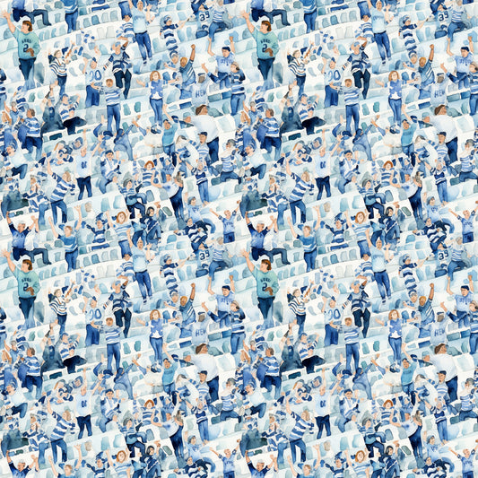 watercolor, football fans, crowd scene, stadium seating, blue tones, white accents, navy blue, light blue, sports theme, cheering people, quilting cotton, fabric panel, athletic pattern, team colors, spectators, celebration, energetic mood, repeating pattern, cotton fabric, sports memorabilia