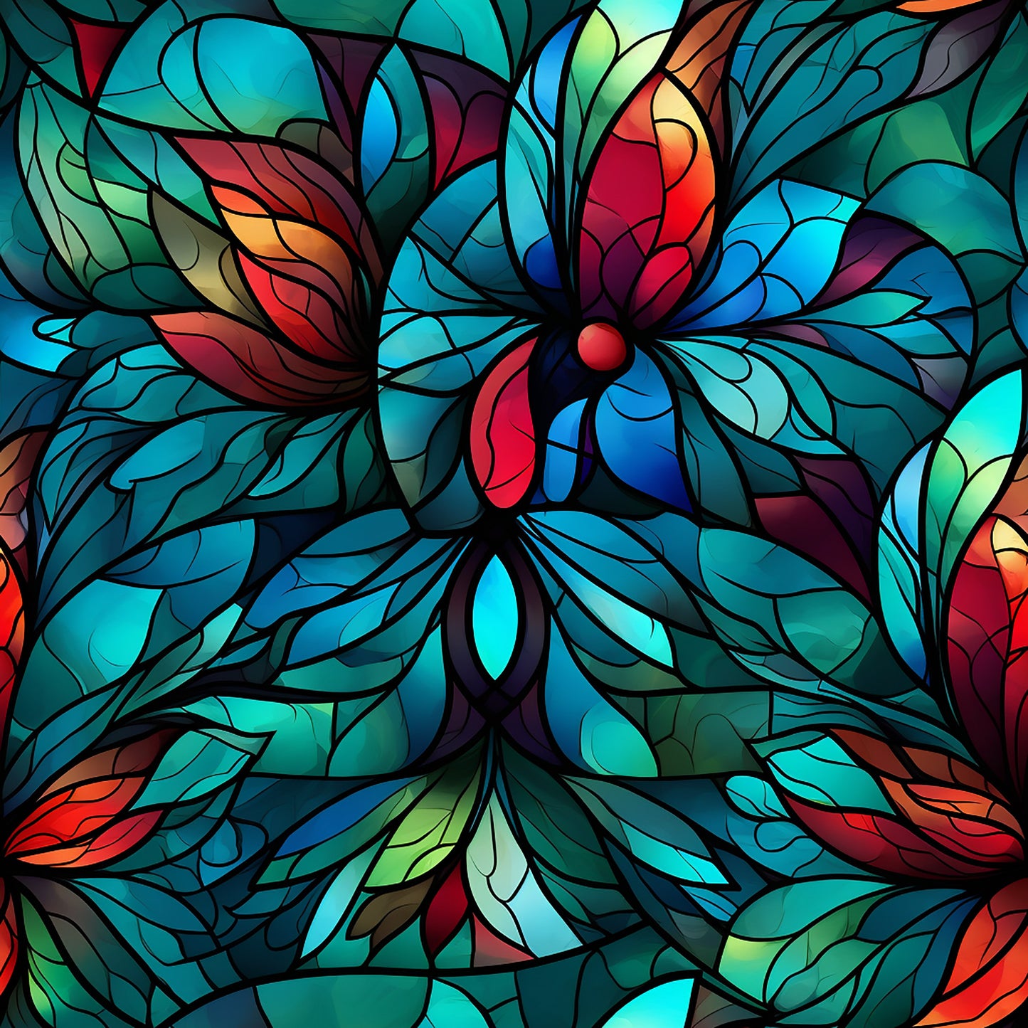 stained glass, christmas pattern, quilting cotton, fabric panel, turquoise, teal, red, orange, purple, blue, green, floral motifs, abstract design, geometric shapes, mosaic style, holiday fabric, vibrant colors, decorative pattern, crafting material, sewing fabric