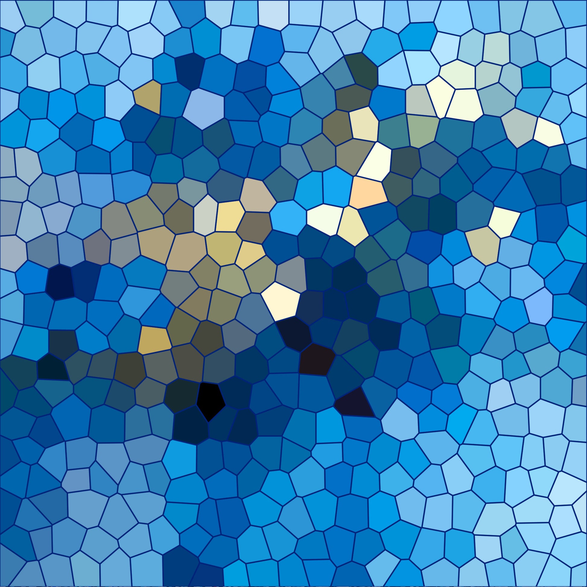 mosaic pattern, stained glass, geometric shapes, polygonal design, blue tones, navy blue, light blue, turquoise, cream accents, tan highlights, abstract art, tessellation, kaleidoscope effect, quilting cotton, fabric panel, modern style, contemporary design, piecing fabric, crafting material, artistic pattern