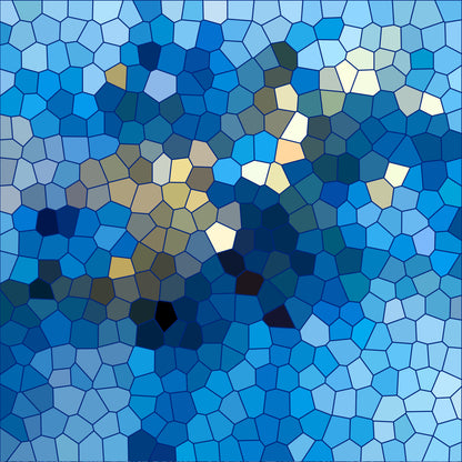 mosaic pattern, stained glass, geometric shapes, polygonal design, blue tones, navy blue, light blue, turquoise, cream accents, tan highlights, abstract art, tessellation, kaleidoscope effect, quilting cotton, fabric panel, modern style, contemporary design, piecing fabric, crafting material, artistic pattern