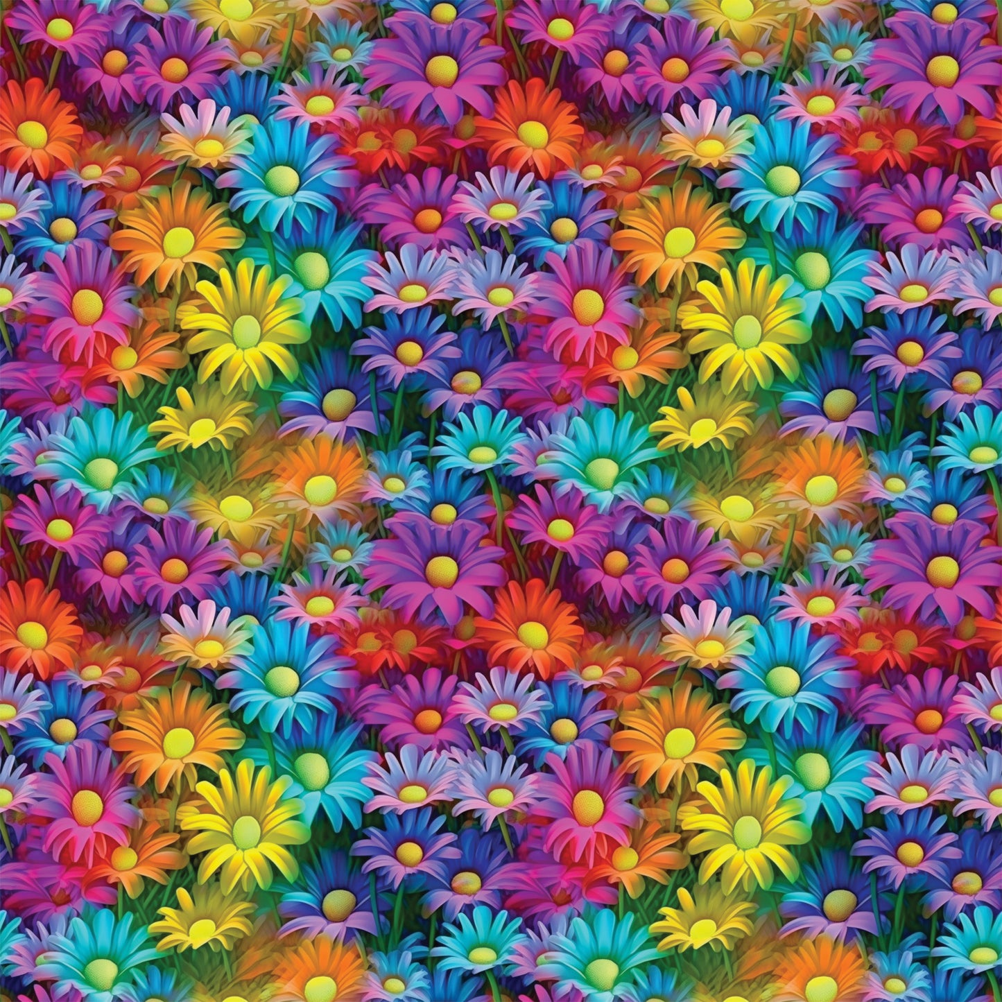vibrant flowers, daisy pattern, purple petals, turquoise blooms, orange flowers, yellow centers, pink blossoms, blue daisies, rainbow colors, floral design, densely packed, bright botanical, quilting cotton, fabric panel, psychedelic style, neon hues, overlapping blooms, garden motif, cheerful pattern, kaleidoscope flowers
