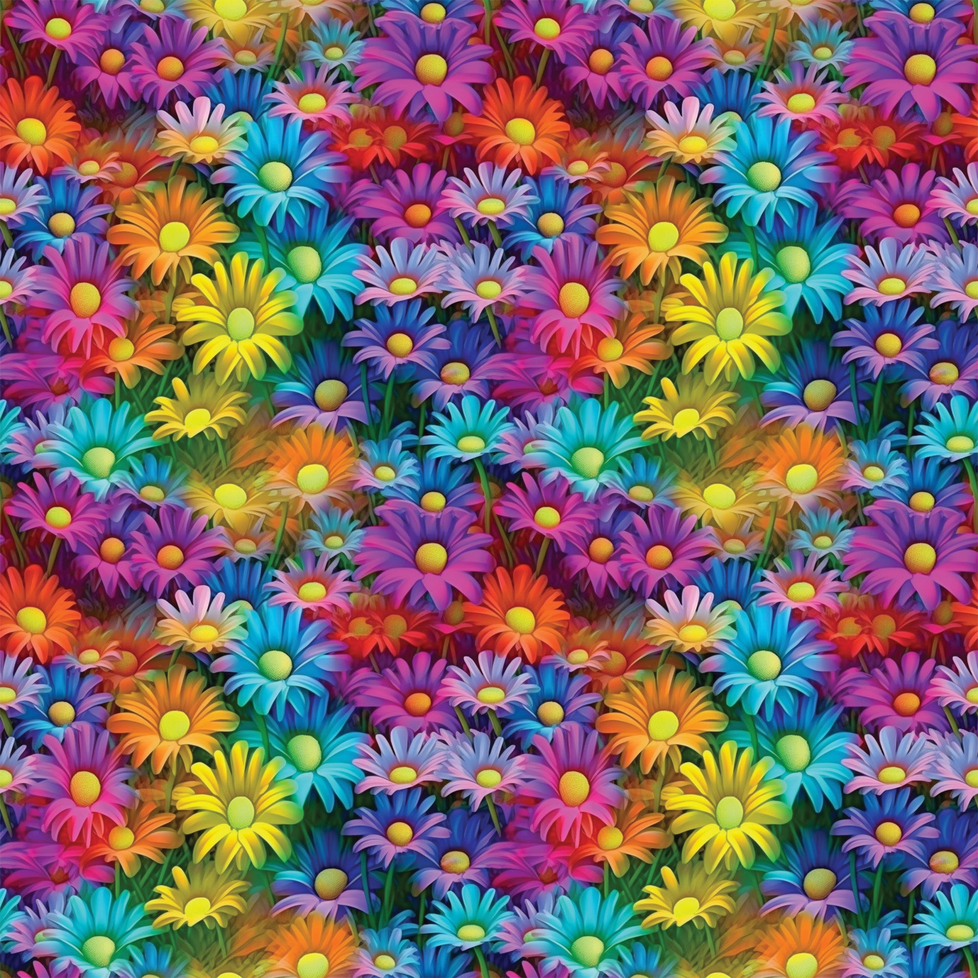 vibrant flowers, daisy pattern, purple petals, turquoise blooms, orange flowers, yellow centers, pink blossoms, blue daisies, rainbow colors, floral design, densely packed, bright botanical, quilting cotton, fabric panel, psychedelic style, neon hues, overlapping blooms, garden motif, cheerful pattern, kaleidoscope flowers