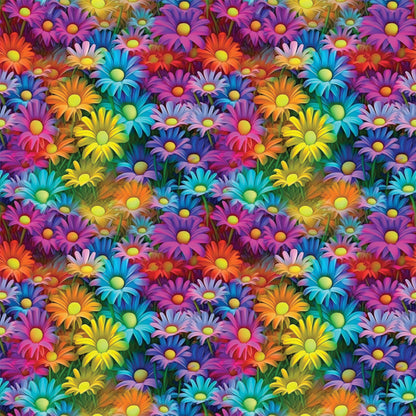 vibrant flowers, daisy pattern, purple petals, turquoise blooms, orange flowers, yellow centers, pink blossoms, blue daisies, rainbow colors, floral design, densely packed, bright botanical, quilting cotton, fabric panel, psychedelic style, neon hues, overlapping blooms, garden motif, cheerful pattern, kaleidoscope flowers