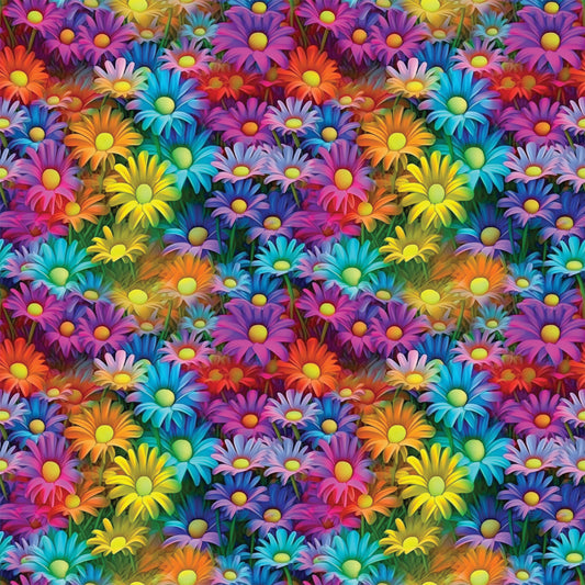 vibrant flowers, daisy pattern, purple petals, turquoise blooms, orange flowers, yellow centers, pink blossoms, blue daisies, rainbow colors, floral design, densely packed, bright botanical, quilting cotton, fabric panel, psychedelic style, neon hues, overlapping blooms, garden motif, cheerful pattern, kaleidoscope flowers