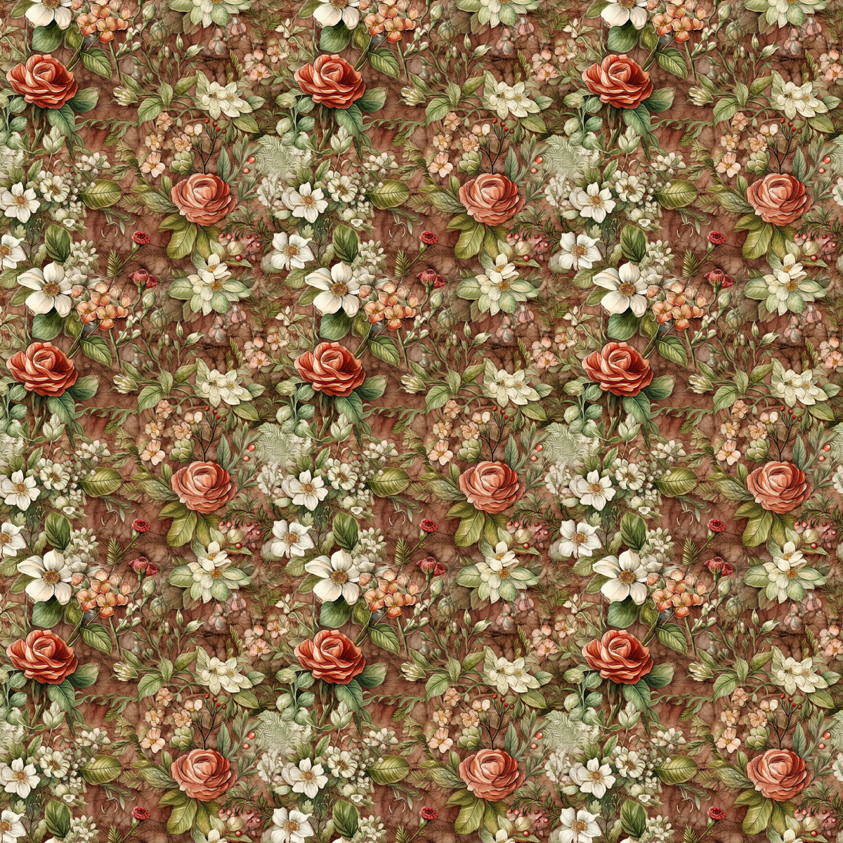 burgundy, coral roses, cream flowers, sage green, brown background, floral pattern, botanical design, vintage style, quilting cotton, fabric panel, english garden, romantic florals, earthy tones, repeating motif, delicate blooms, nature inspired, cottage core, muted palette, small scale print