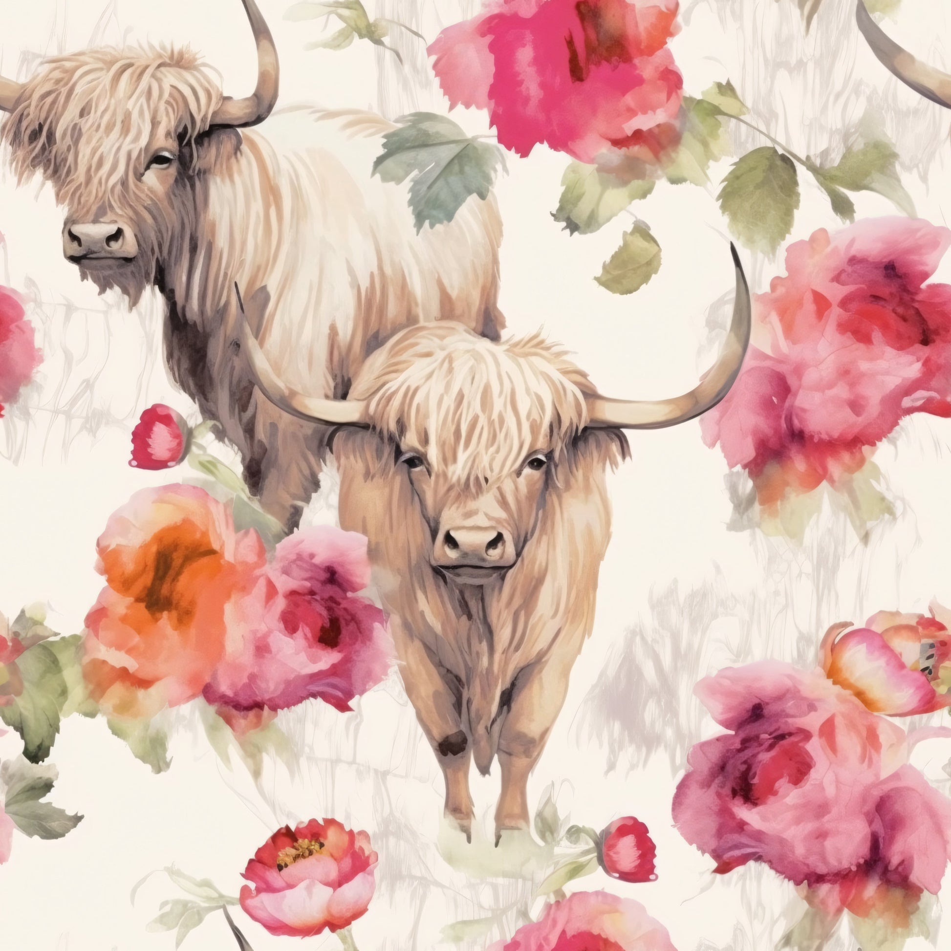 highland cows, watercolor style, floral pattern, pink flowers, coral blooms, green leaves, cream background, horned cattle, shaggy fur, quilting cotton, fabric panel, pastoral scene, farm animals, soft pastels, botanical elements, repeating pattern, gentle mood, country theme, watercolor florals
